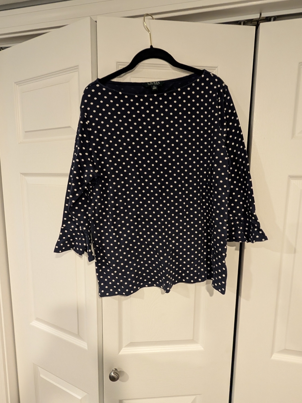 Lauren Ralph Lauren Navy Polka Dot Boatneck Top Ruffle Cuff Plus Size 2X